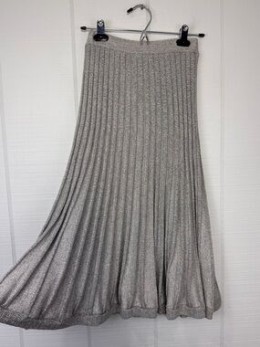 Sayaka Davis Gray Wool Cotton Pleaded Ribbed Knit Sweater Flared Midi Skirt